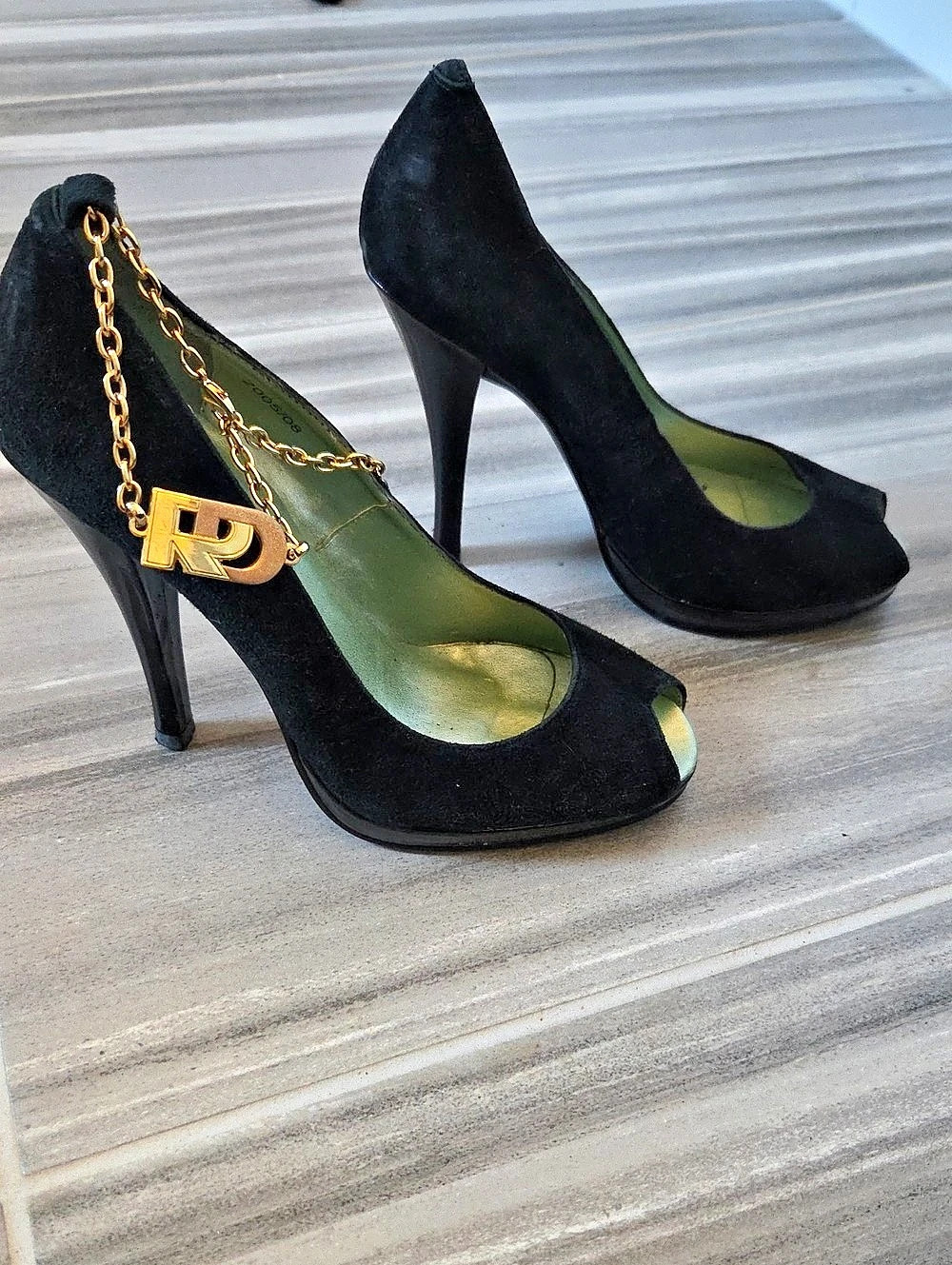 Red Or Dead Black Peep-Toe Heels with Chain